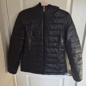 Andrew Marc Black Quilted Reversible Puffer And Fur Jacket With Pockets And Hood